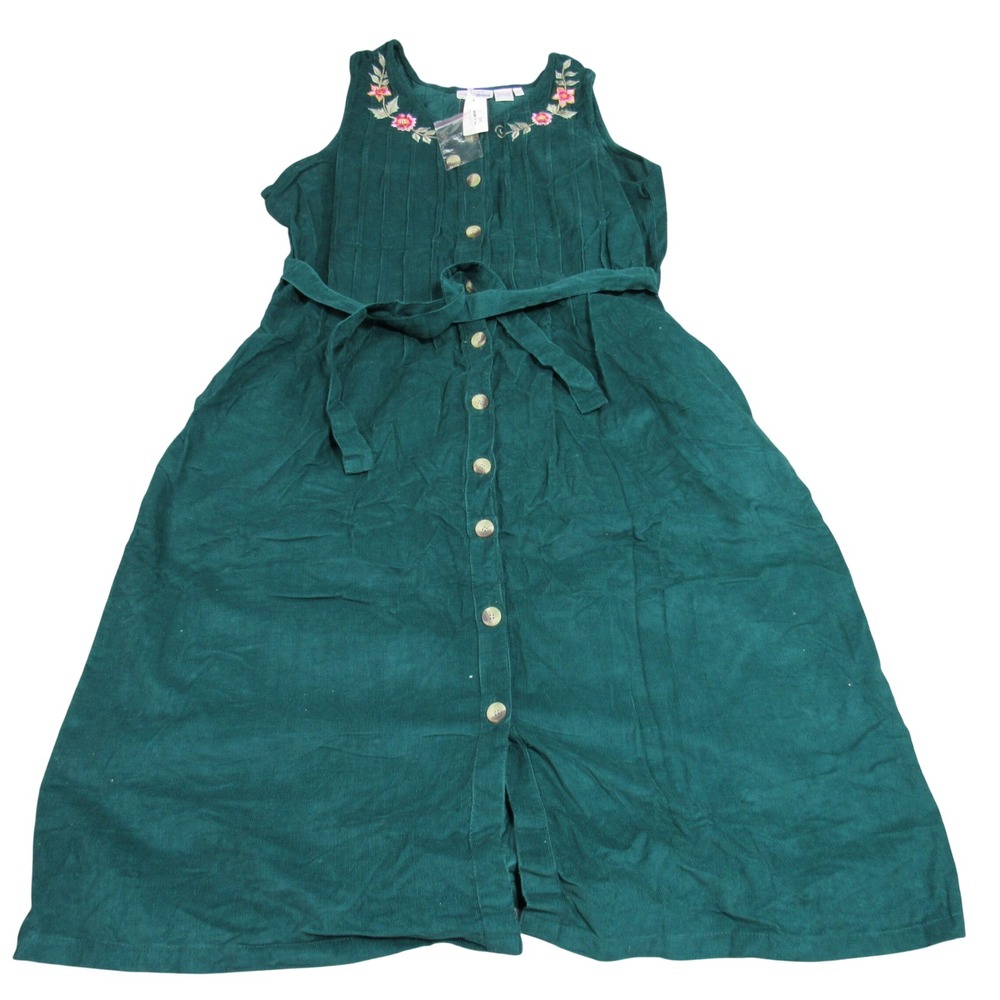 Comfort Corner Green Corduroy Floral Embroidered Button Front Midi Dress L